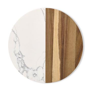 Charcuterie Cheese Board, Cultured Marble and Wood, Round, 9.85 x 9.85 x 0.5-Inches