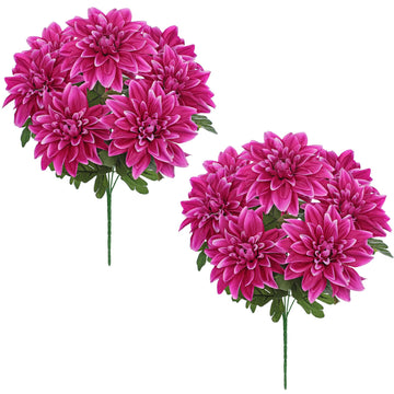 2Pcs Purple-Pink Artificial Dahlia Flowers with Stem Bushes 7 Heads Silk Fake Dahlias Flowers Wedding Bouquets Faux