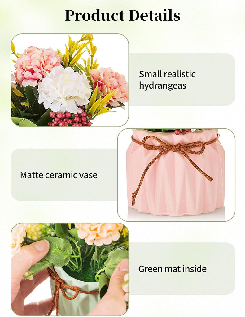 Hydrangea Artificial Flowers in Vase for Table, 4 Pcs, 5.9 Inch | 4 Colors, Small Ceramic Vase with Flowers, Cute