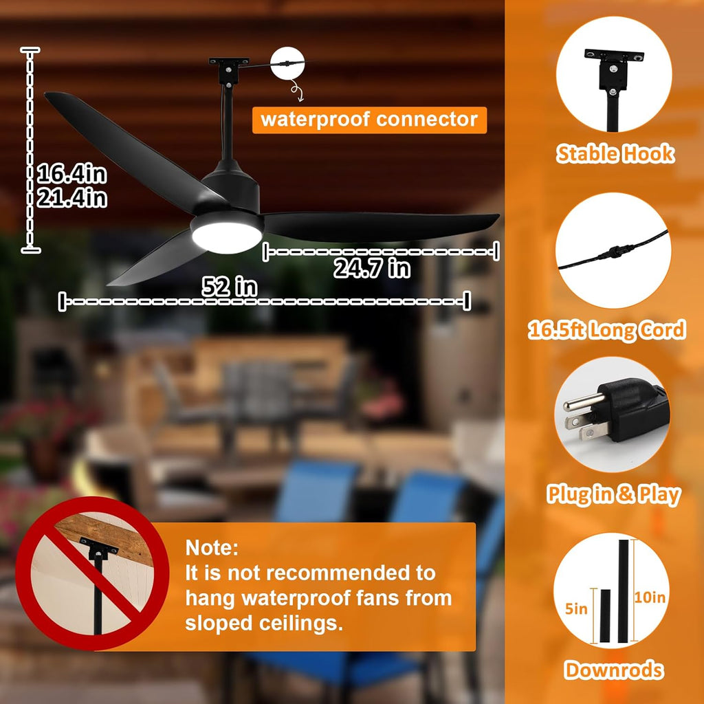 52 Inch Gazebo Fan Outdoor Hanging - Plug in Waterproof Fans with Lights for Patio - Dimmable Remote App Control Black