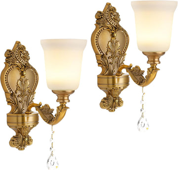 2-Pack Retro Gold Wall Sconce with Milk White Glass Shade, K9 Crystal Pendant, Hardwired Vintage Wall Lamp Lighting