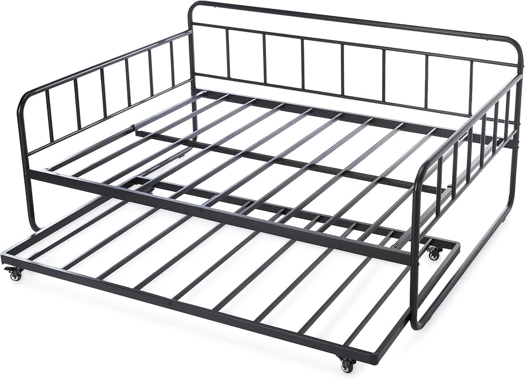 Full Size Daybed and Twin Size Trundle Bed Frame Set, Space Saving Steel Slat Support, Sturdy Metal Design, Easy