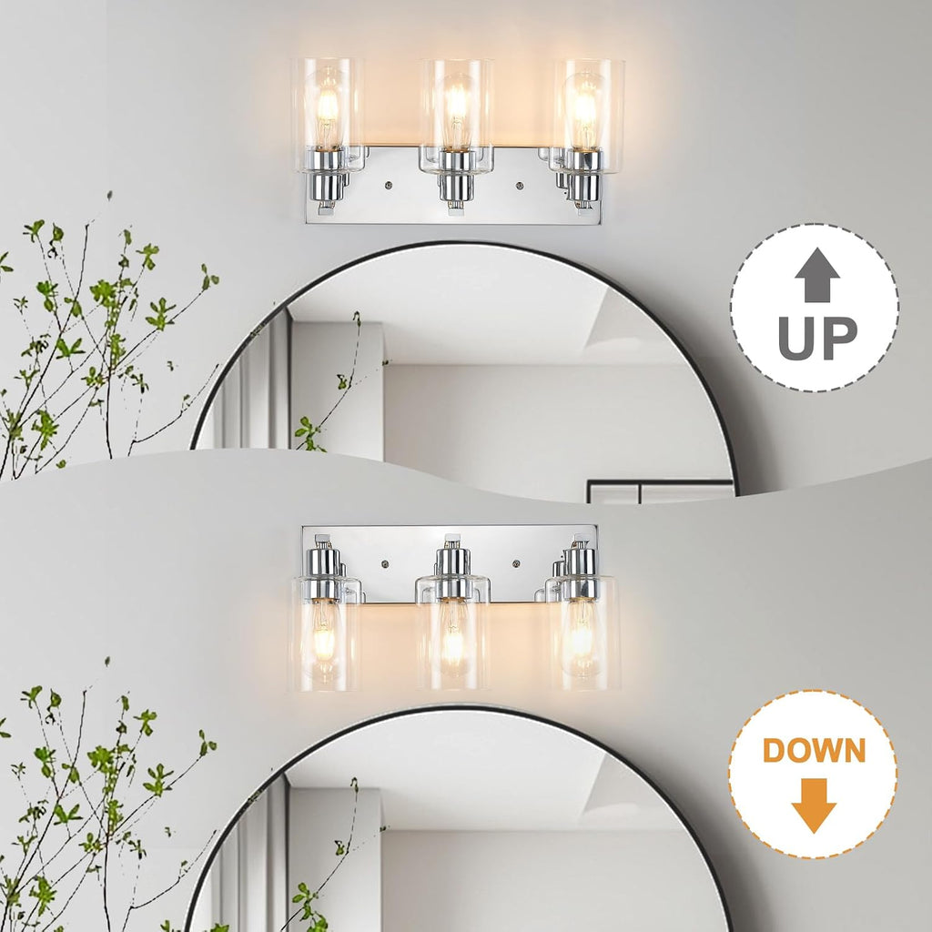 3 Lights Bathroom Light Fixtures Chrome Vanity Light with Clear Glass Shade 18in Modern Bathroom Lighting Fixtures
