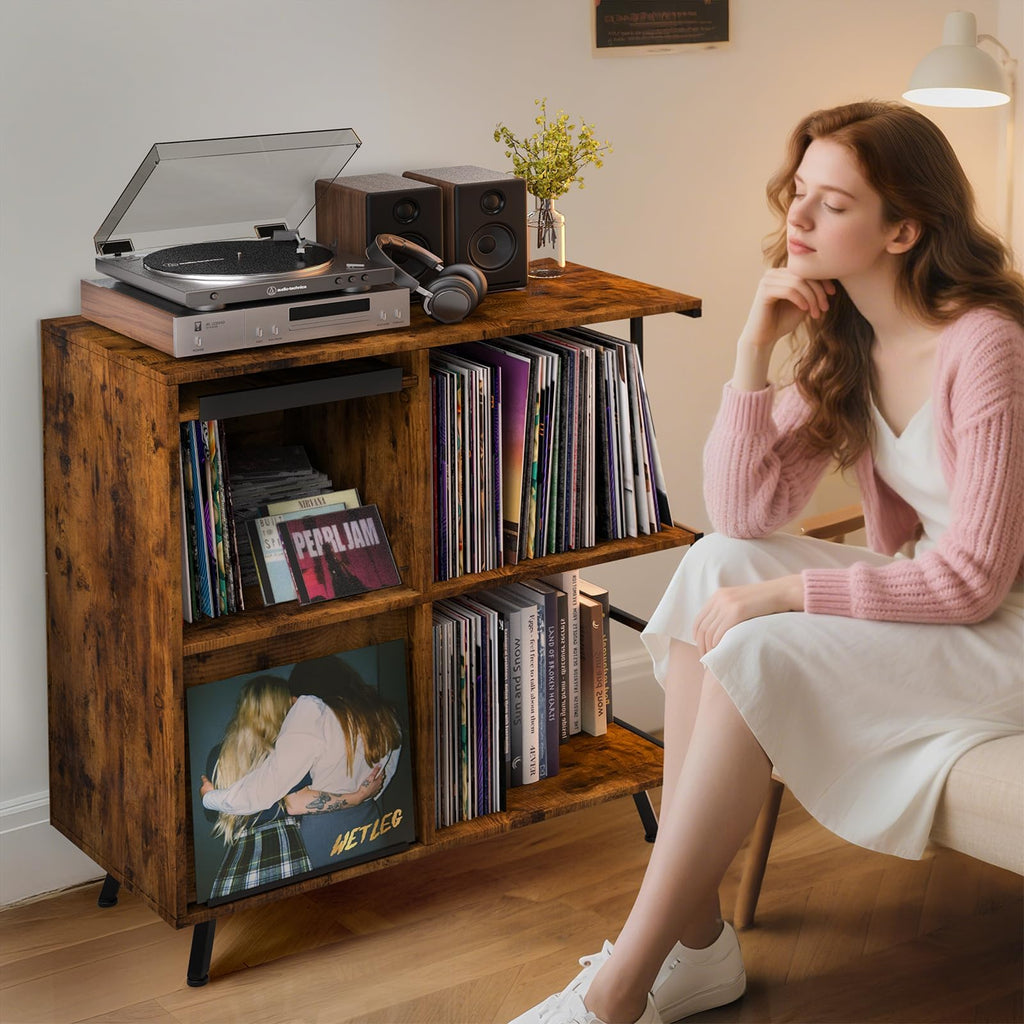 3 Tier Record Player Stand with Flip-Down Record Shelf, Rustic Brown