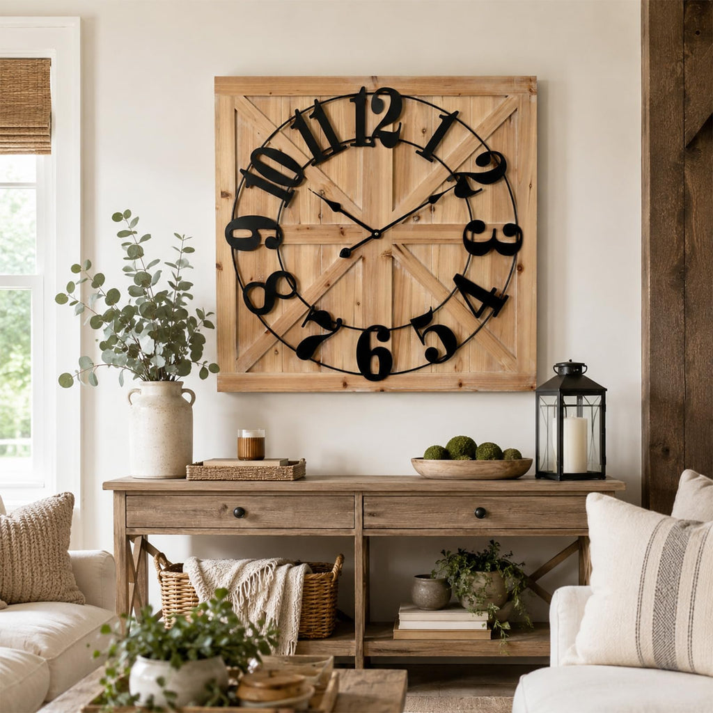 Wooden Farmhouse Wall Clock 30 Inch, Rustic Barn Door Clock