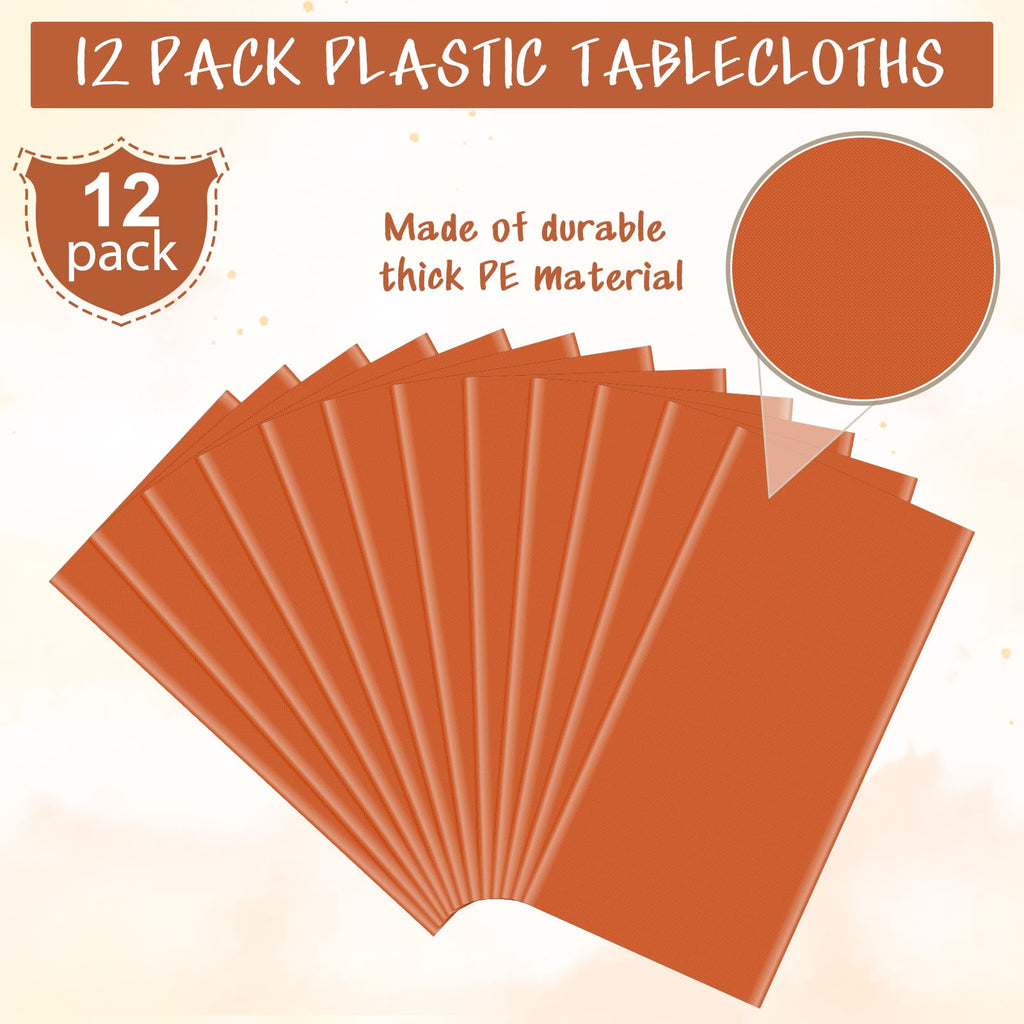 12Pcs Orange Tablecloths for Rectangle Tables, Disposable Plastic Table Cloth, Waterproof Table Cover for Fall