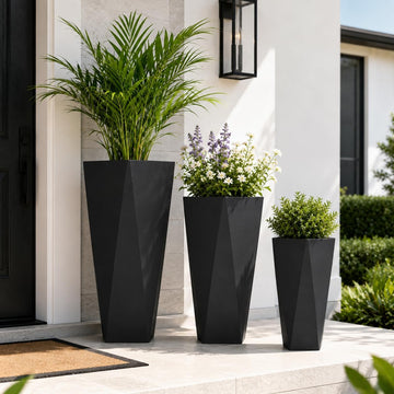 Tall Large Planters Set of 3, Modern Stackable Outdoor Flower Pots with Drainage Holes, Geometric Geometric