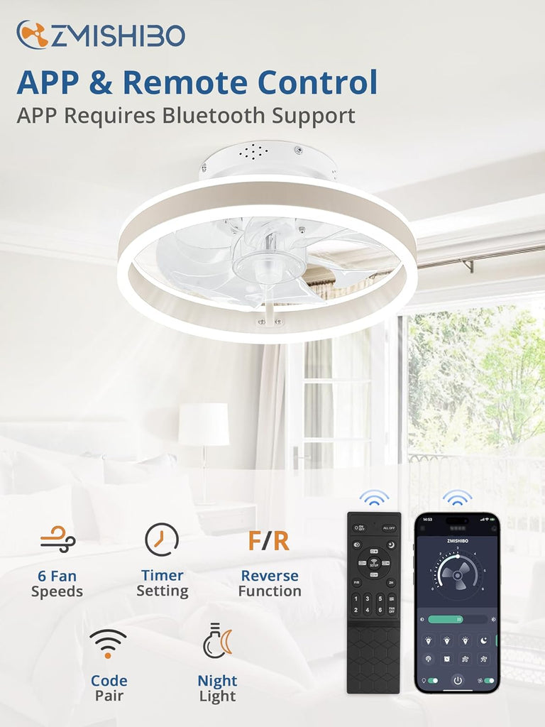 Low Profile Ceiling Fans with Lights and Remote, 13 Inch Fandelier Ceiling Fan with Light, White Modern Flush Mount Ceiling Fan, Small Dimmable LED Fan Lights for Bedroom