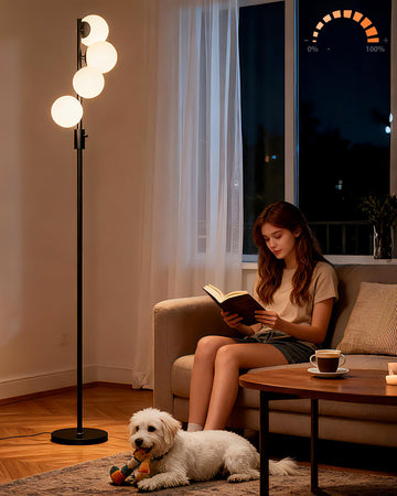 Black Globe Floor Lamp Dimmable 64IN Tall Standing Lamps with Soft Warm White Eye Care 3000K G9 Bulbs, Mid Century