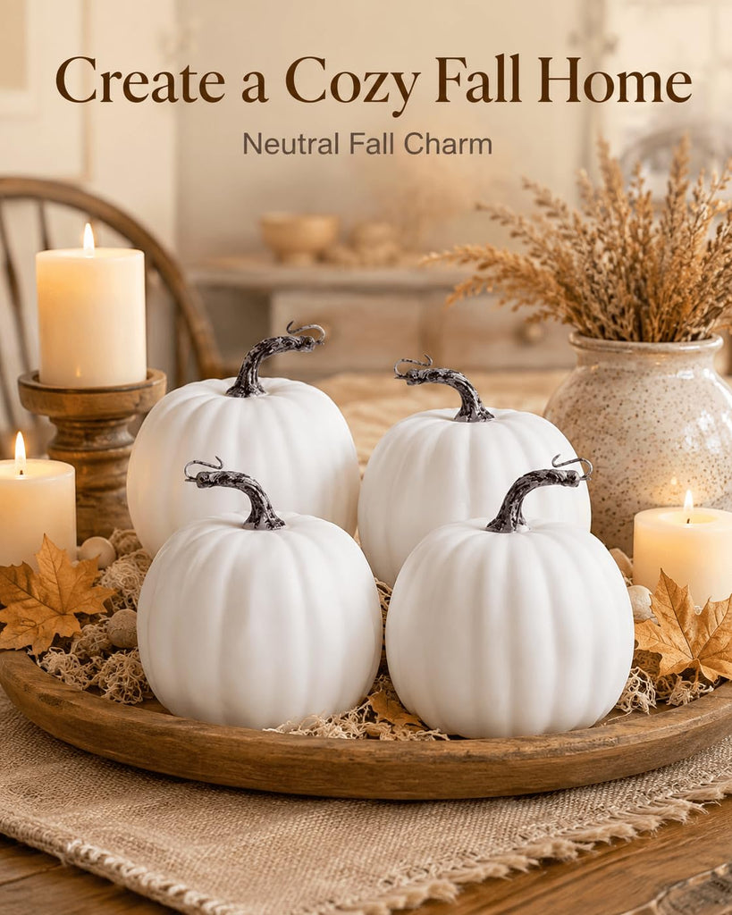 6 Inch White Artificial Pumpkins, 4 Pack