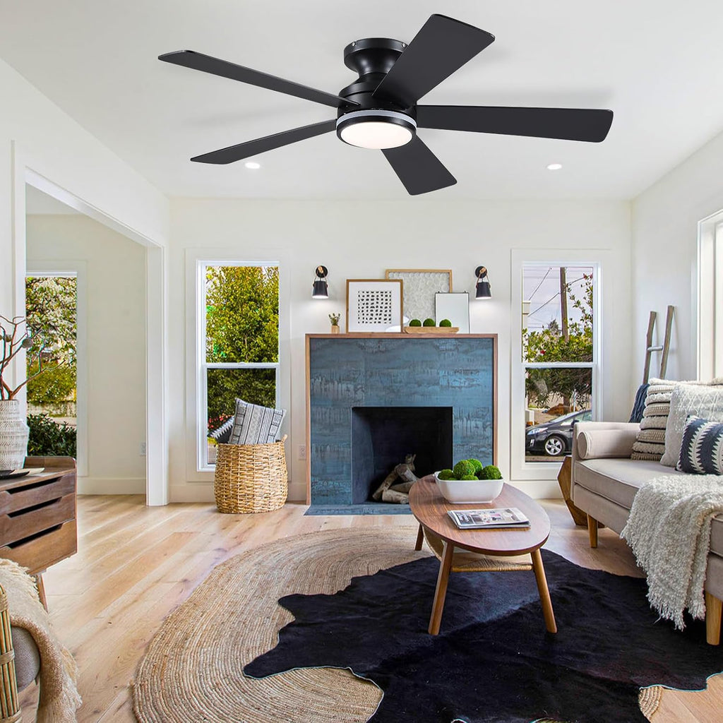 46In RGB Ceiling Fans with Lights - Black Flush Mount Ceiling Fan Light with Remote/APP, RGB+3CCT 6 Wind Speeds, Modern Low Profile Fan Light Fixture for Party, Kid's Room