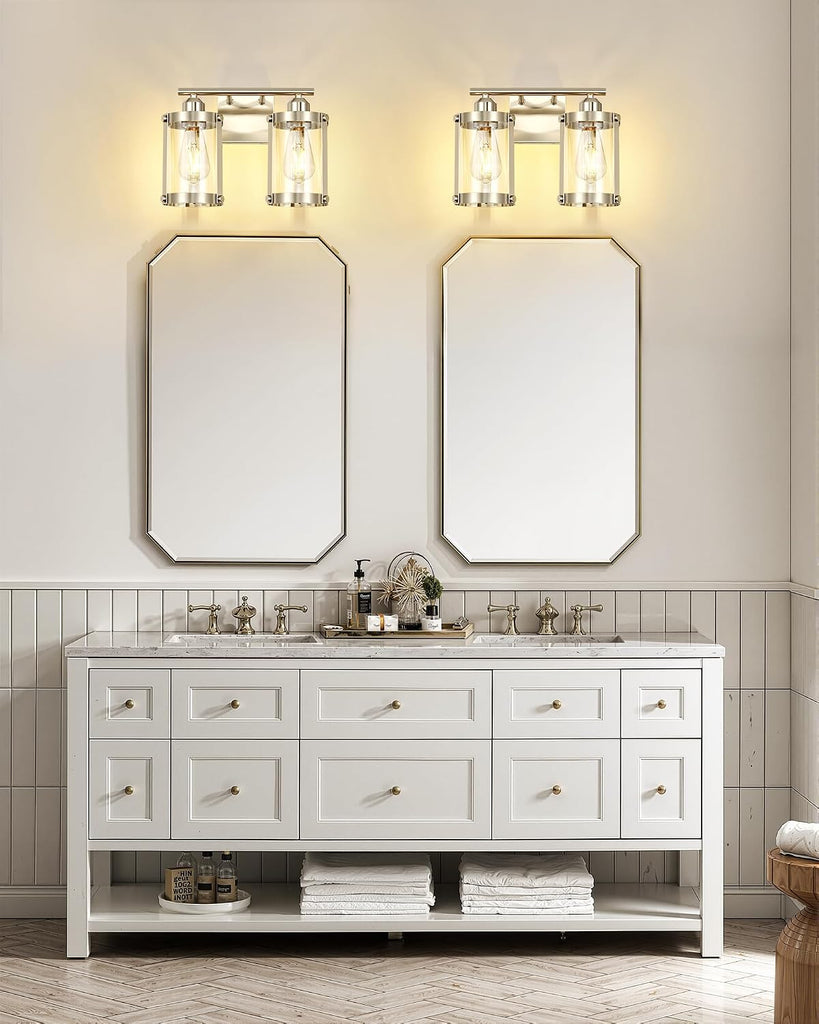 2-Light Brushed Nickel Bathroom Light Fixtures, 13.8 Inch Modern Bathroom Vanity Lighting Fixtures Over Mirror with