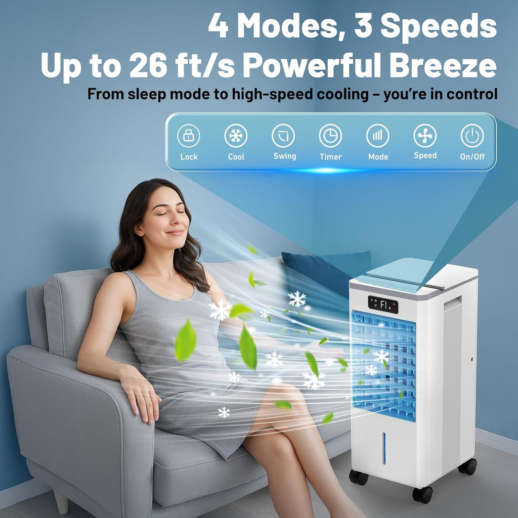 Portable Air Conditioners, 3-in-1 Evaporative Air Cooler with Remote, 2-Gal Water Tank, 4 Modes & 3 Speeds