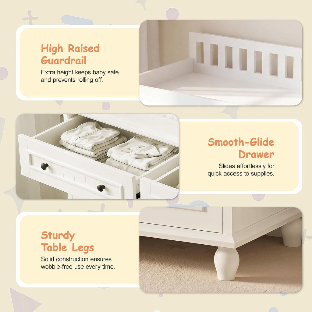 Large Nursery Dresser with Drawers, 47'' White Baby Diaper Changing Table | Wood Changing Station for Infants
