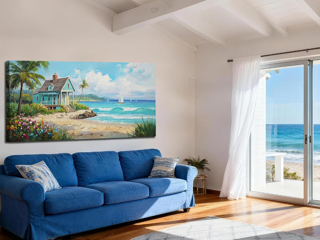 Tropical Coastal Canvas Wall Art Decor | HD Print and Hand-painted Textured, Easy to Hang,Durable Colorfast