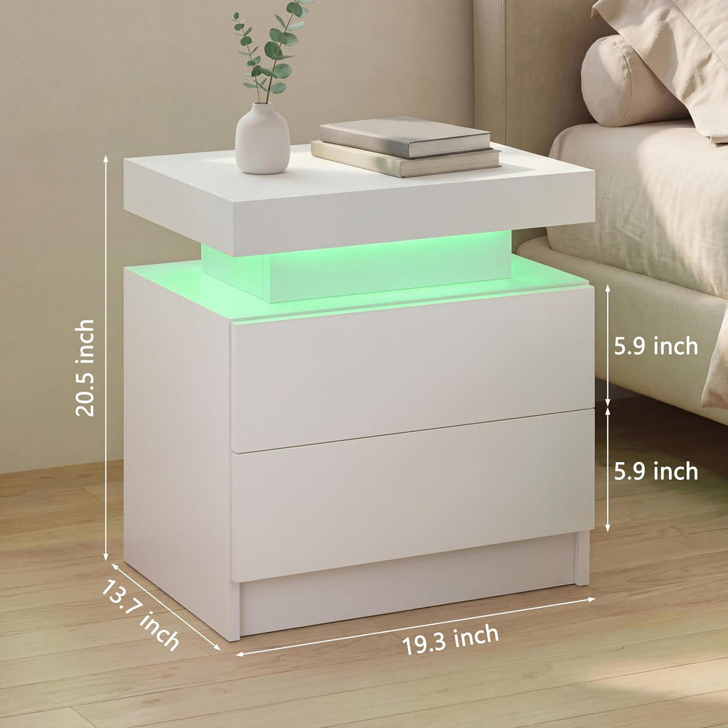 Nightstands Set of 2,LED Night Stand Set 2,Bedside Table with Wood Drawers,Modern End Side Table ,White