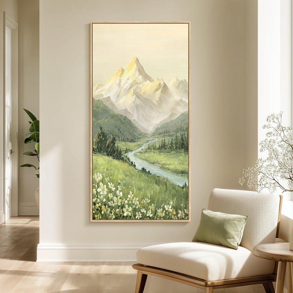 Framed Large Mountain Wall Art , Vertical Green Forest Landscape Canvas Artwork for Walls, Nature Scenery Painting