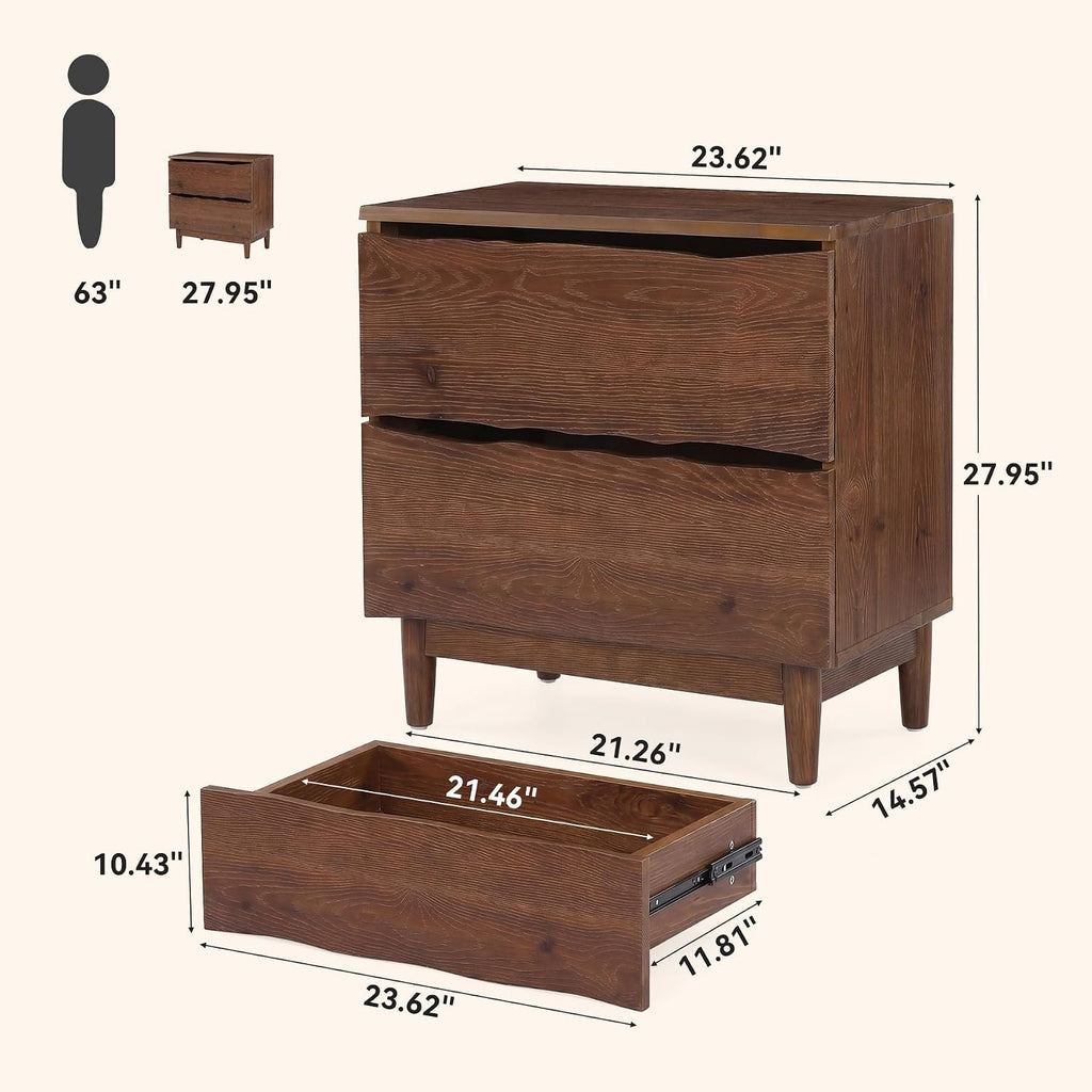 Solid Wood Nightstand with 2 Drawers, 24" Wide End Table | Tall Wooden Mid-Century Modern Night Stand, Farmhouse
