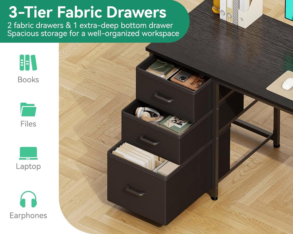 51 Inch Computer Desk with Fabric Drawers & USB Power Outlets, Reversible Home Office Desk with Storage Shelves