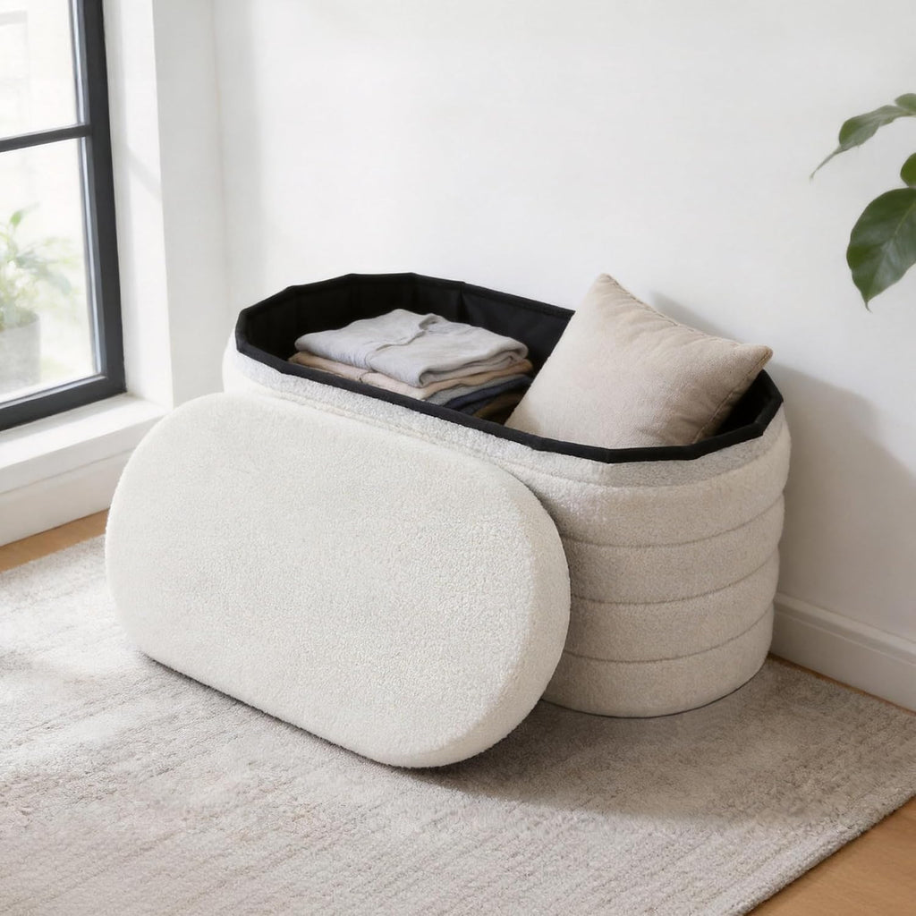 Oval Storage Ottoman Bench, 30 Inches Entryway Shoe Seat | Upholstered Ottoman with Storage, End of Bed Stool Blanket