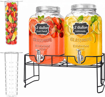 Gallon Glass Drink Dispenser with Stand & Fruit Infuser - Set of 2