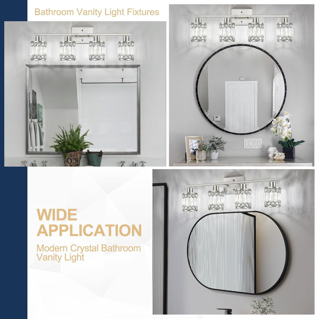 Crystal Modern Bathroom Light Fixtures, 4-Light Brushed Nickel Bathroom Vanity Wall Light, Vanity Lights for Mirror