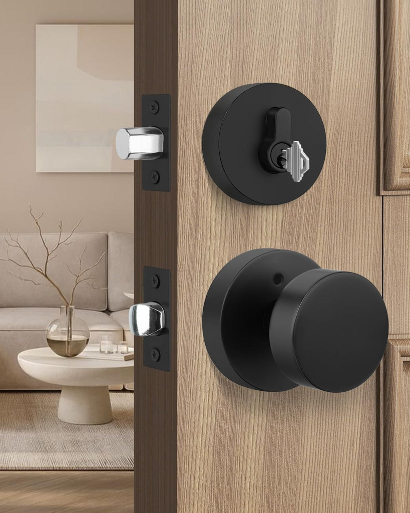 Black Door Knobs with Deadbolt, Zinc Alloy Exterior Front Door Knobs and Single Cylinder Deadbolt, Matte Black Front