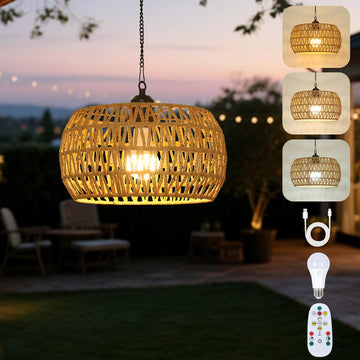 Battery Operated Chandelier with Remote, 11.8" Rattan Battery Powered Hanging Light for Porch, Rechargeable Outdoor