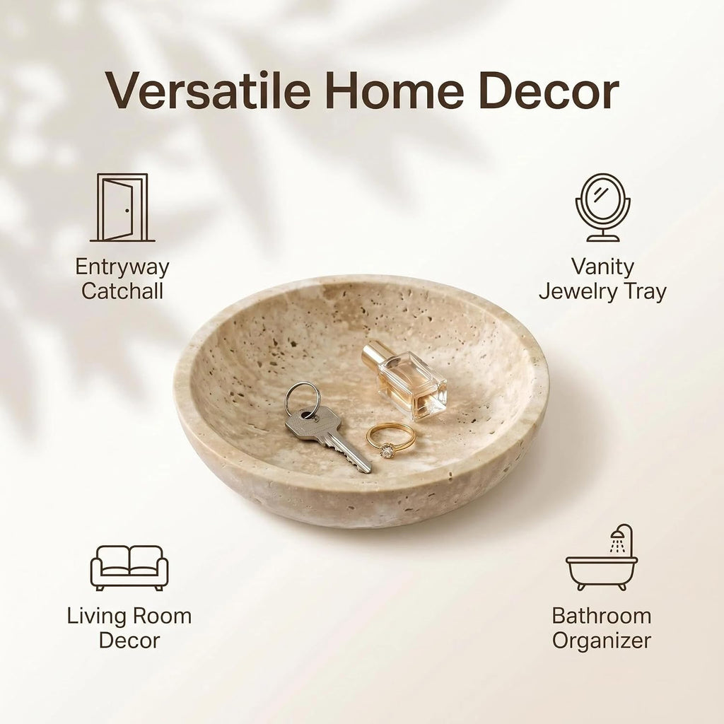 Large 7.87" Natural Travertine Stone Decorative Bowl, Beige Travertine Catchall Tray Decor, Coffee Table Centerpiece