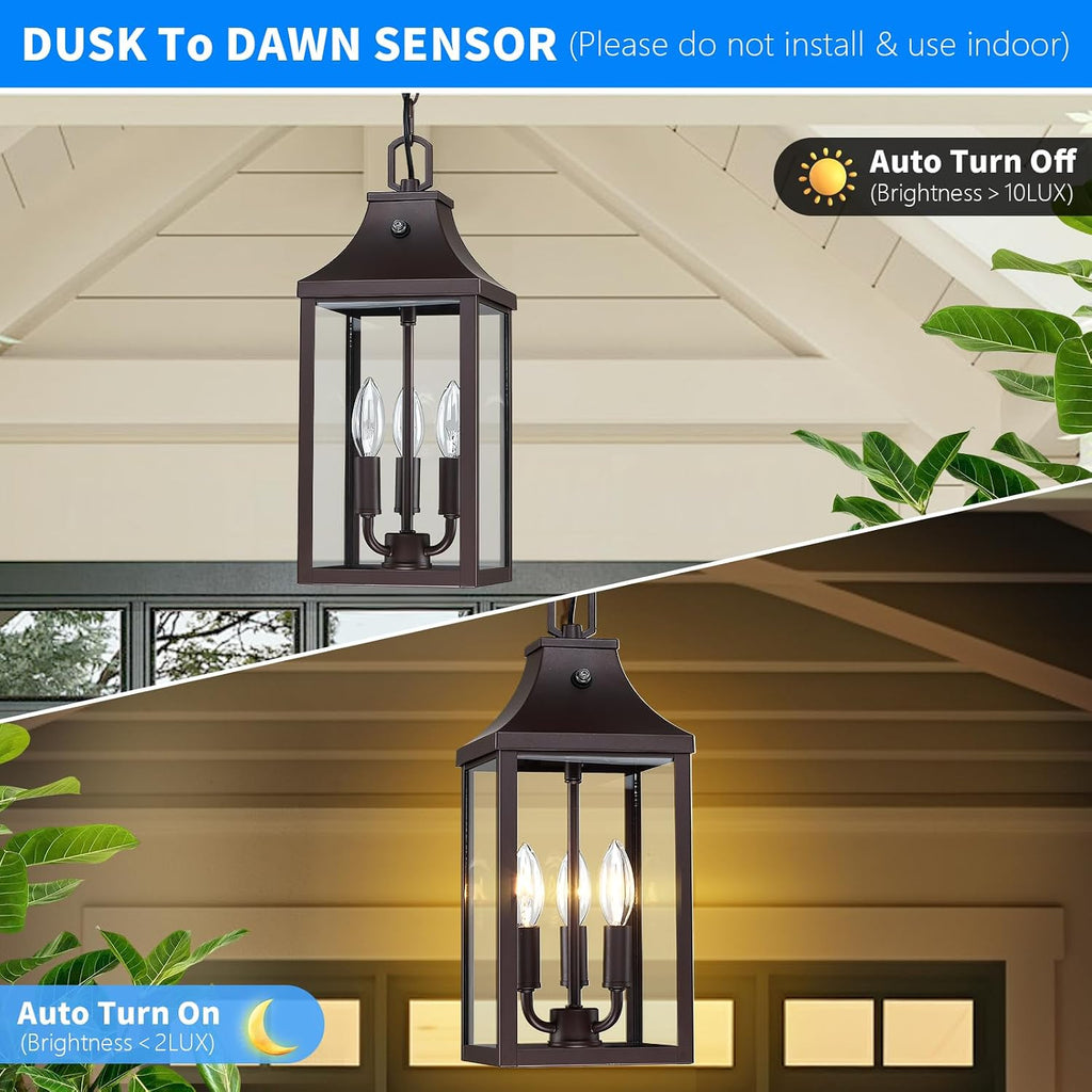 15.5'' Large Outdoor Pendant Light Fixtures 3-Light, Dusk to Dawn Exterior Hanging Lantern Porch Light Adjustable