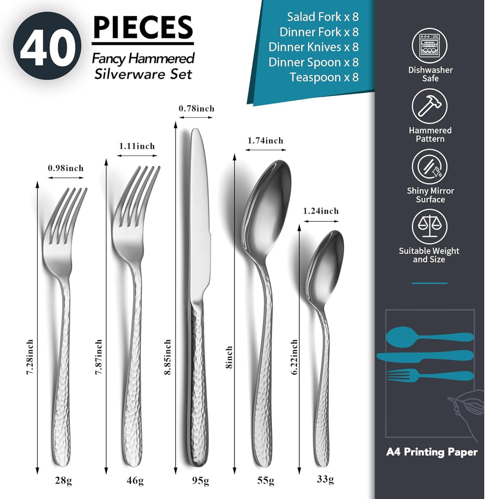 Hammered Silverware Set, 40-Piece Stainless Steel Flatware Set for 8, Mirror Finish Tableware Kitchen Cutlery Sets