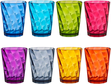 Optix Plastic Reusable Drinking Glasses (Set of 8) 14oz Rocks Cups in Jewel Tone Colors | BPA-Free Tumblers, Made in USA | Top-Rack Dishwasher Safe