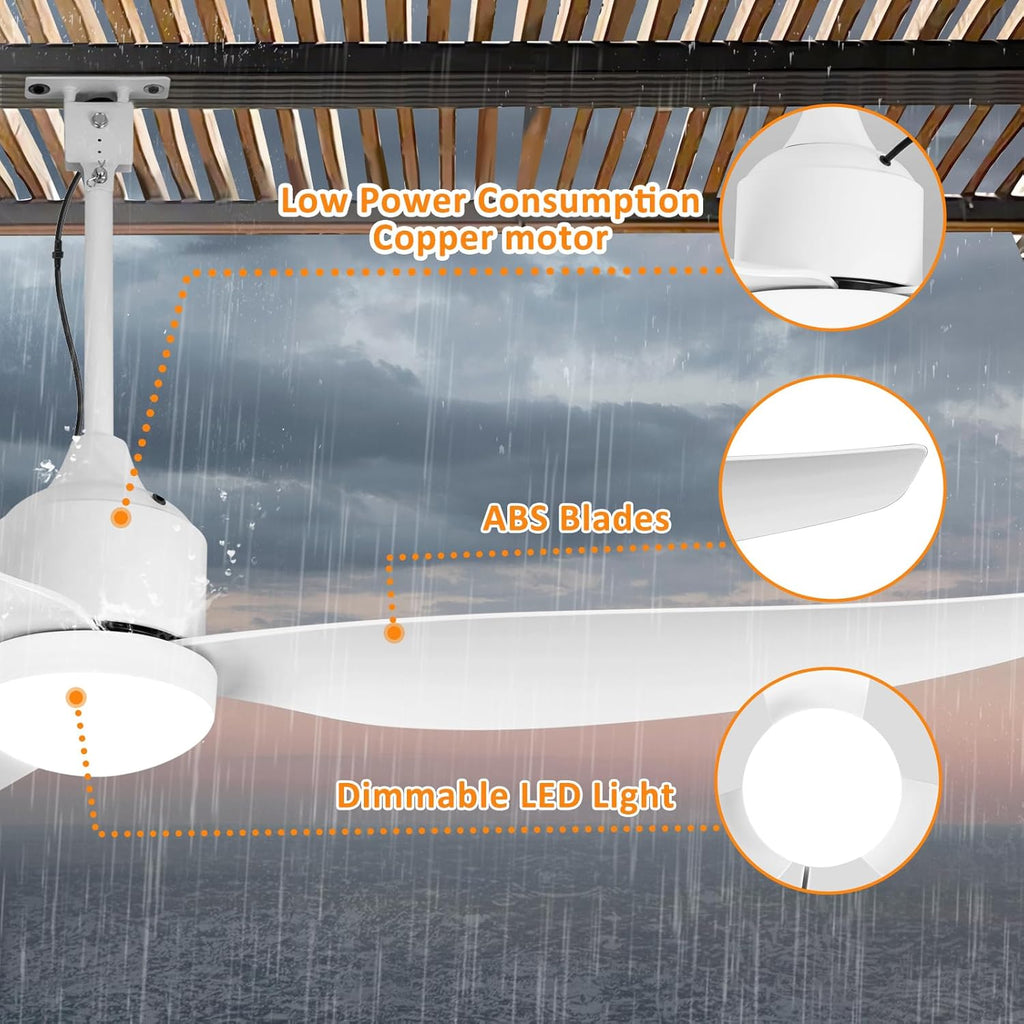 52 Inch Waterproof Gazebo Fans with Lights Outdoor Hanging - Plug in Remote App Control for Patio Indoor Farmhouse Porch - White 6 Speed Reversible DC Motor