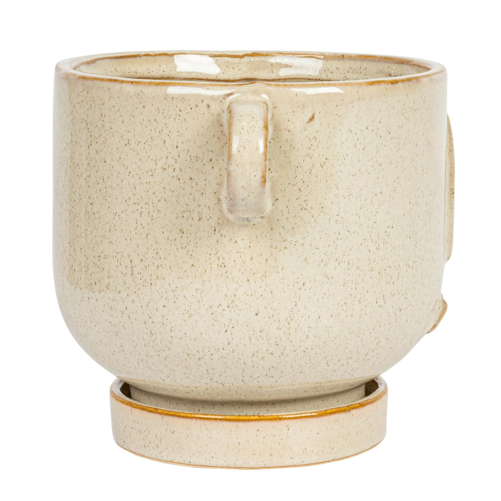 8.25 Inches Stoneware Face Planter with Reactive Glaze, Handles, and Saucer, Holds 5 Inches Pot, Cream Color