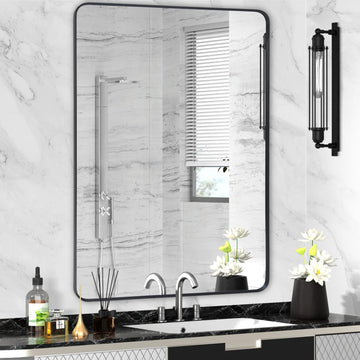 Black Bathroom Mirror 30x40in, Metal Framed Rounded Rectangle Wall