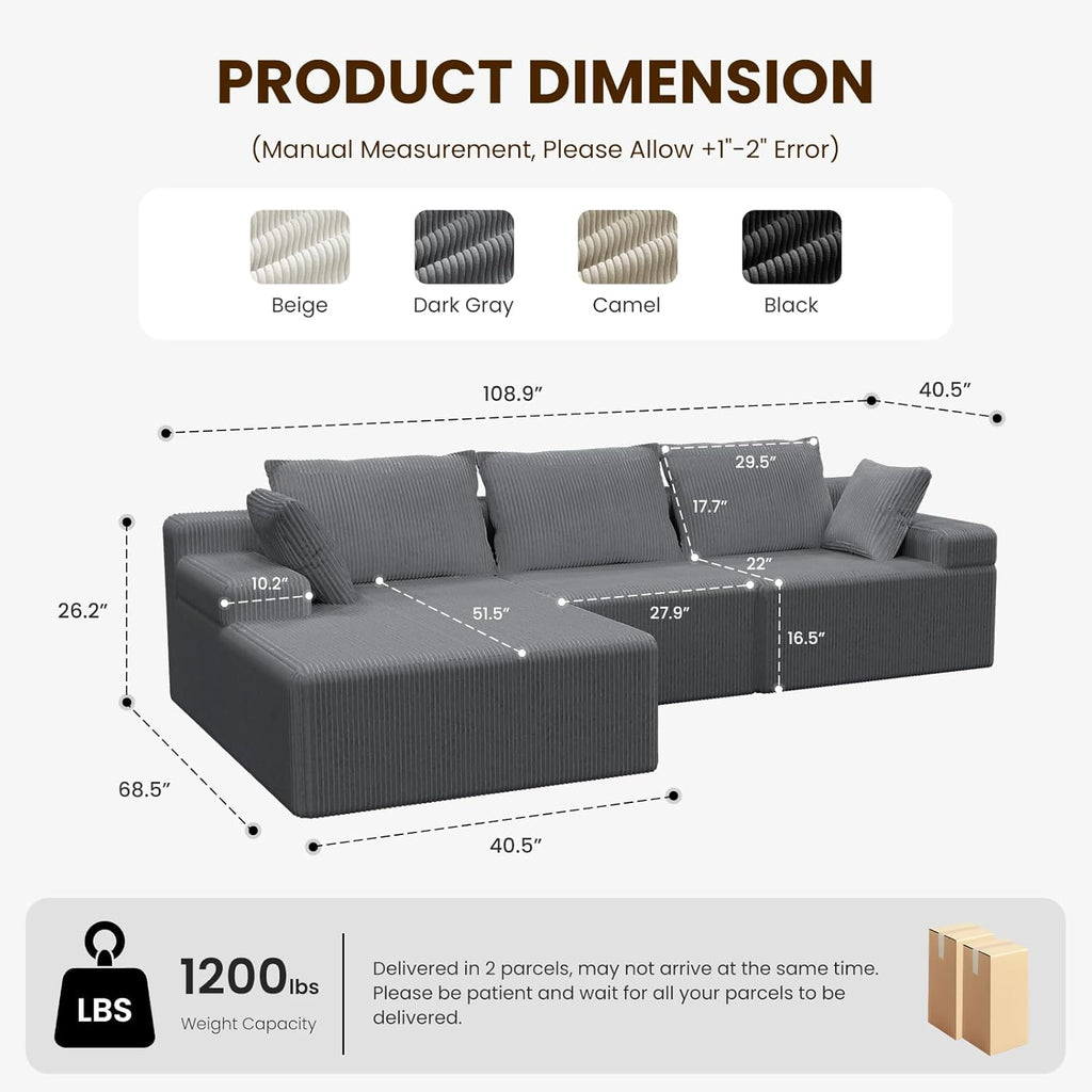 108" Boneless Sectional Couch,Corduroy Cloud Couch Sectional ,Modern L Shaped Modular Sectional Couch,3 Seater Sofa