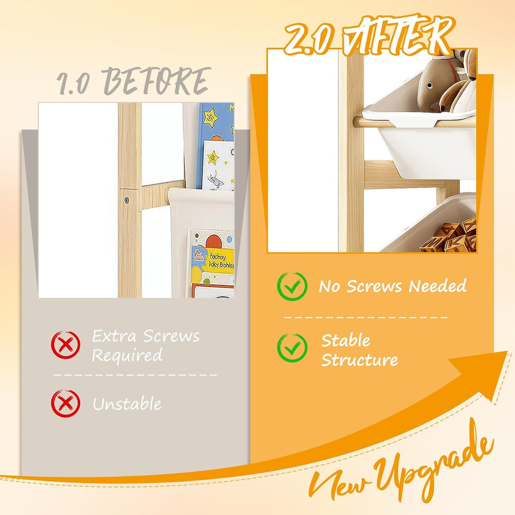Toy Storage Organizer with Bookshelf, Kids Toy Organizer and Storage Shelf with 12 White Bins, Solid Pine Wood Book