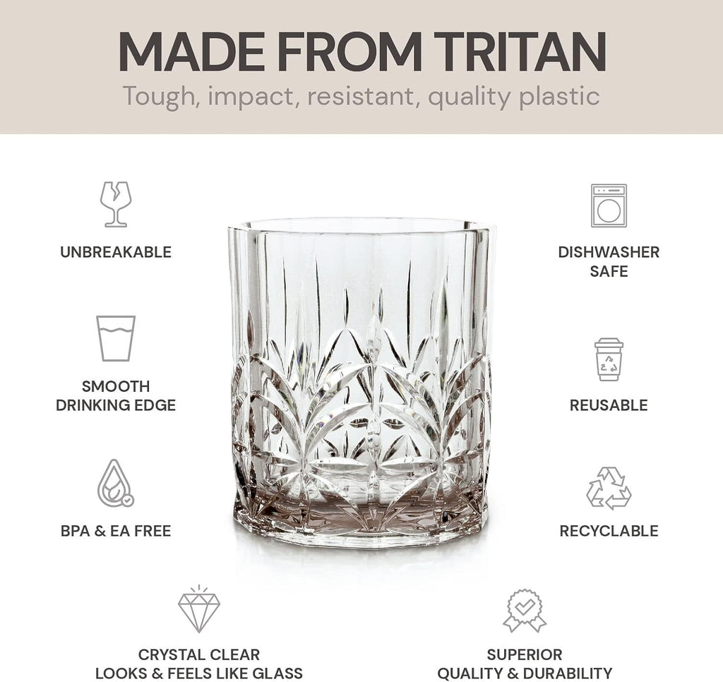 Shatterproof Tritan Plastic Short Tumbler, Set of 4, 13oz - Myrtle Beach Unbreakable Crystal Cut Old Fashioned
