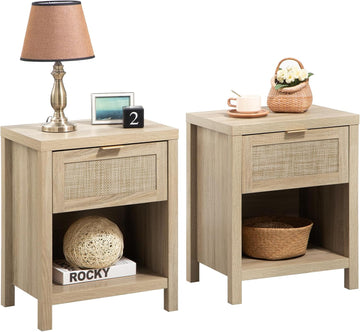 Rattan Nightstands Set of 2, Farmhouse Night Stand Bedside Table with Drawer and Storage Shelf - Boho End Side Table