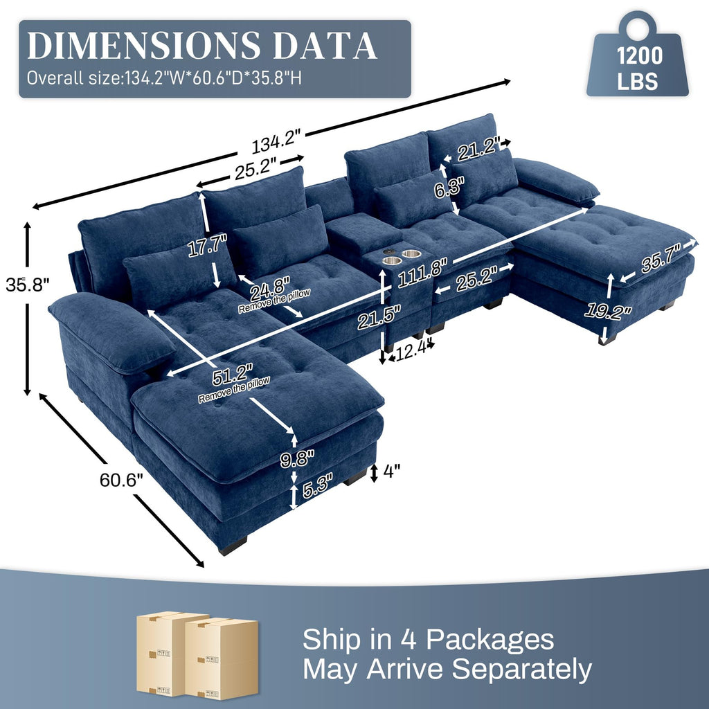 134" U-Shaped Sectional Couches with Storage, Blue
