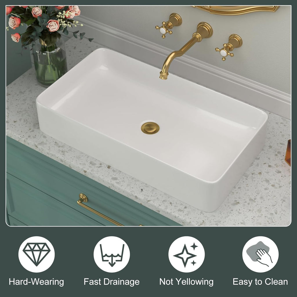 Rectangular Bathroom Vessel Sink 24 Inch - 24"x14" White Ceramic Porcelain Above Counter Modern Art Sink