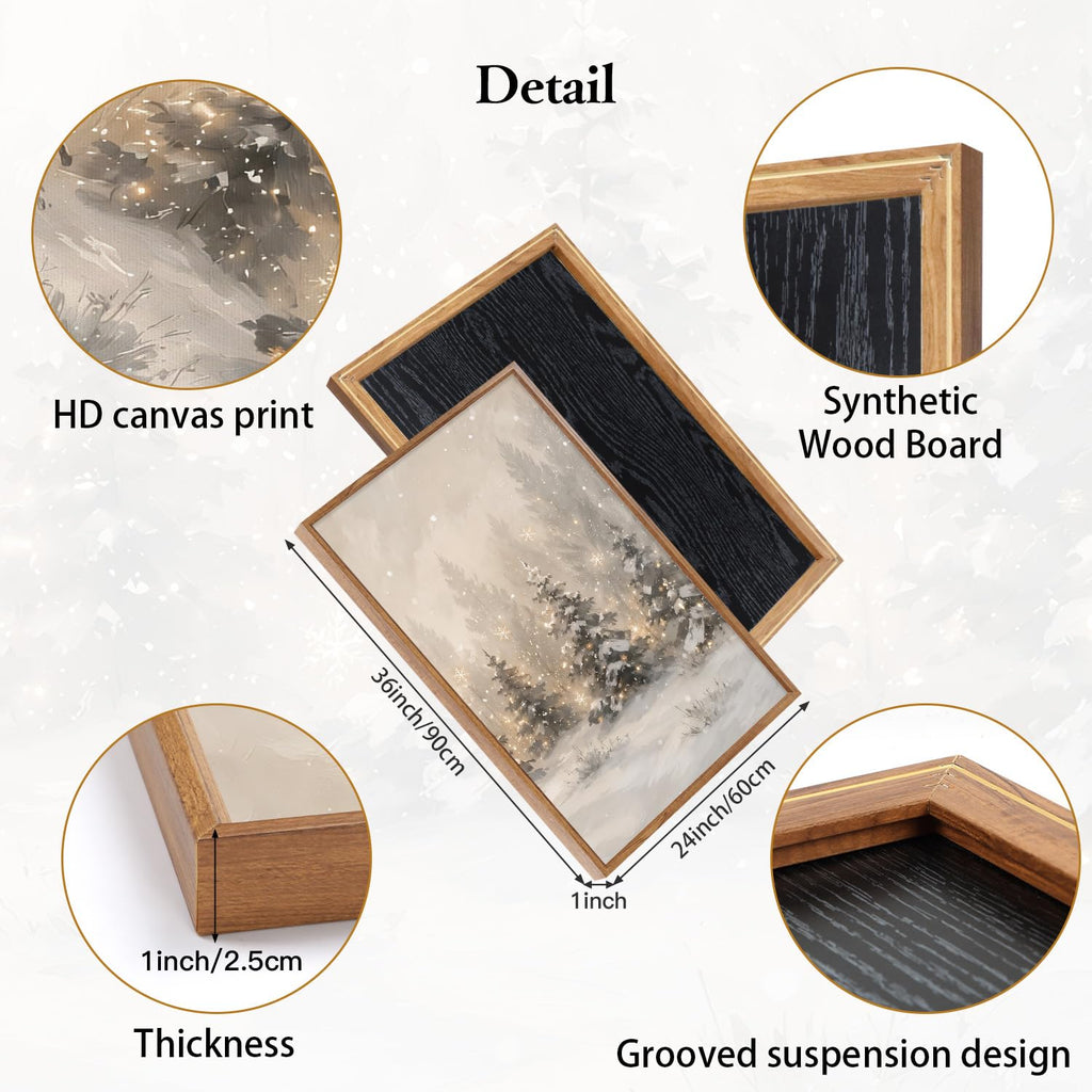 Large Framed Winter scene Forest Wall Art, Neutral Snowy Tree Prints