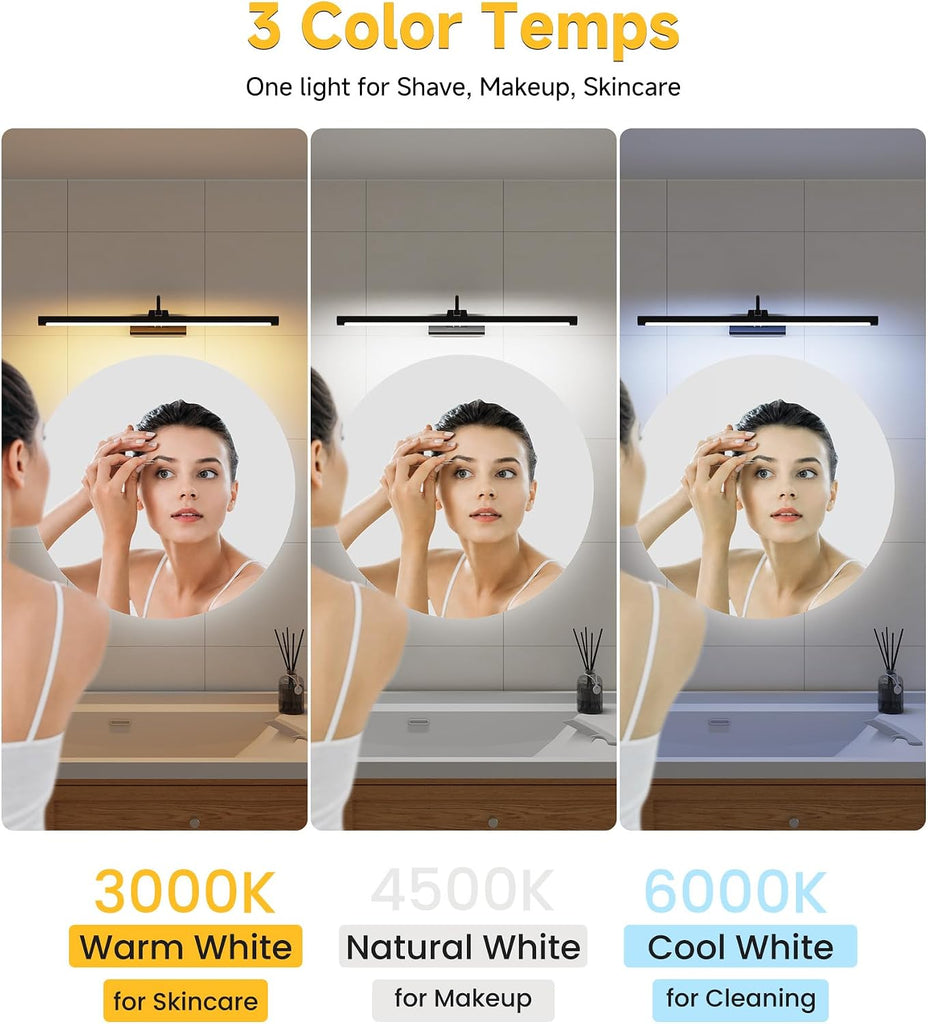 Bathroom Vanity Light Wireless Rechargeable Black 24 inch Black | 10000mAh Rechargeable Battery, 500LM Dimmable, 3