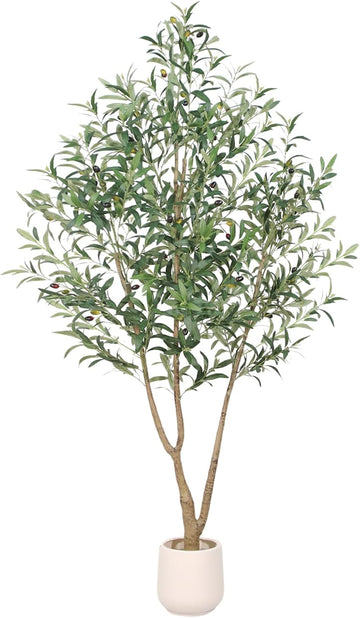 Olive Trees Artificial Indoor, 6FT Tall Faux Olive Tree with White Planter, Artificial Plants with Lush Leaves