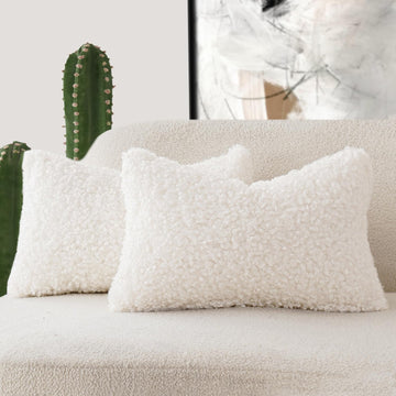 Curly Boucle Faux Fur Lumbar Throw Pillow Cover 12x20 Inch White
