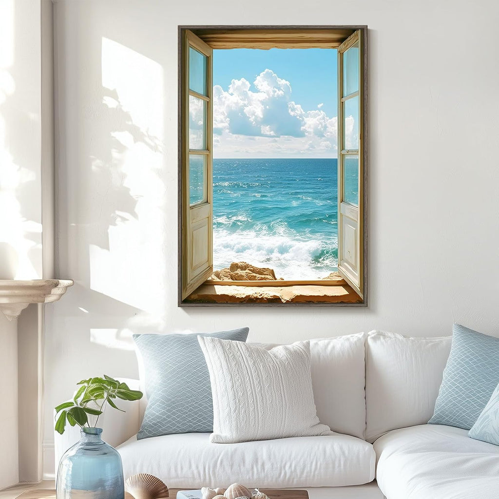 Framed Window Beach Scene Wall Art, Blue Ocean Vertical Coastal Canvas Painting Prints, Summer Seascape Wave Artworks