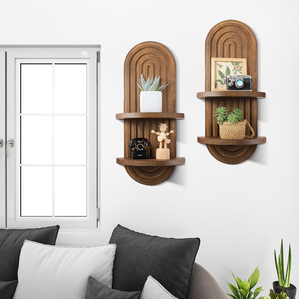 2 Pcs Boho Wall Shelf Rainbow Arch Wooden Floating Shelf Mid Century Bohemian Hanging Holder Double Vintage Wall