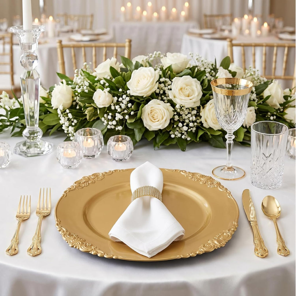12 Pack Gold Charger Plates, 13" Round Dinner Charger Plates with Embossed Rim for Catering, Wedding, Tabletop Decor
