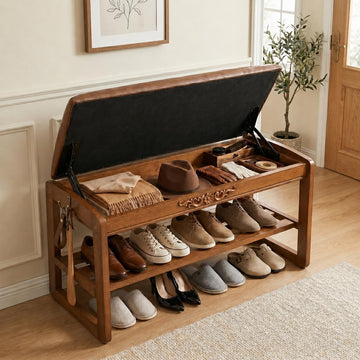Shoe Rack Bench,2 Tiers Shoe Bench with Storage with Flip-Top,Wood Shoe Rack (Solid Upholstered Seat,31.5")