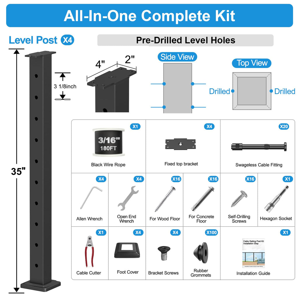 12-20FT 36" Black Complete Cable Railing Kit with 3/16" Wire Rope
